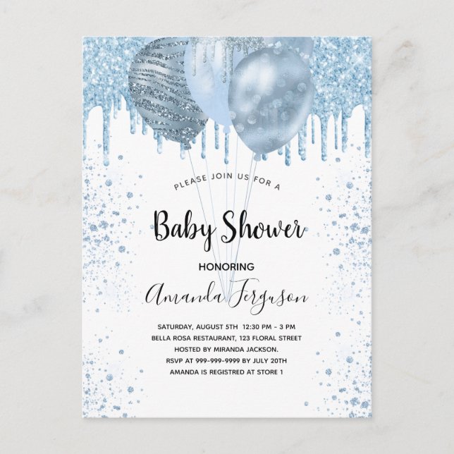 Baby Shower boyblå glitter-ballonger silver Inbjudan Vykort (Framsida)