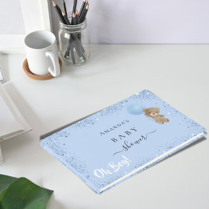 Baby Shower boyblå nalle glitter stoft Gästböcker