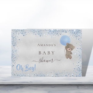 Baby Shower boyblå nalle glitter stoft Gästböcker