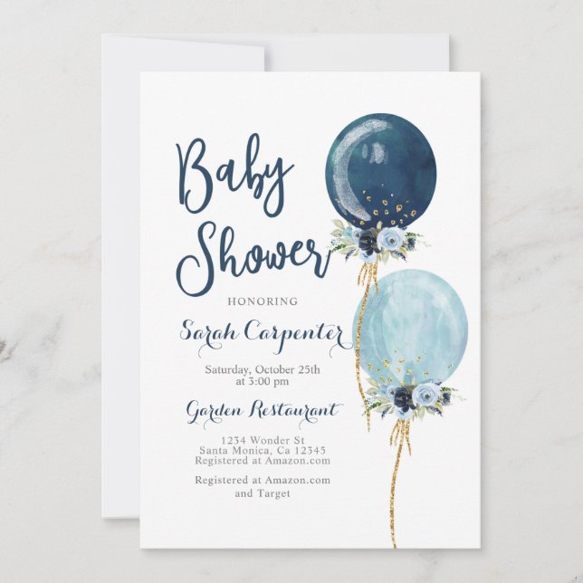 Baby Shower boyens blå ballonger Inbjudningar (Framsida)