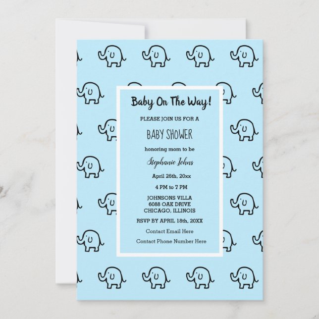 Baby Shower Boys Girls Elephant Mönster Blue Cute Inbjudningar (Framsida)