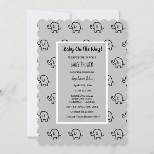 Baby Shower Boys Girls Elephant Mönster Grått Cute Inbjudningar