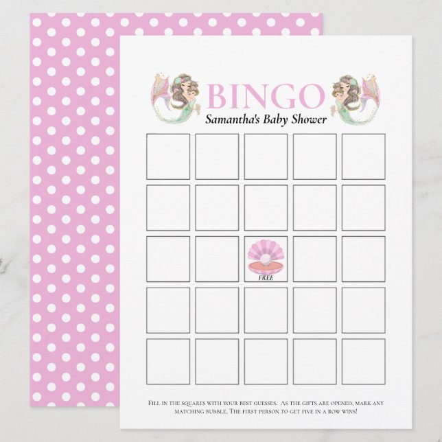 Baby Shower Brown Sjöjungfru Bingo under Sea Rosa Inbjudningar (Fram/baksida)