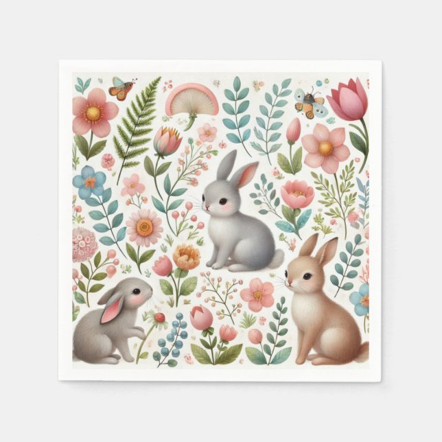 Baby Shower Bunny Rabbits and Flowers Pappersservett (Framsidan)