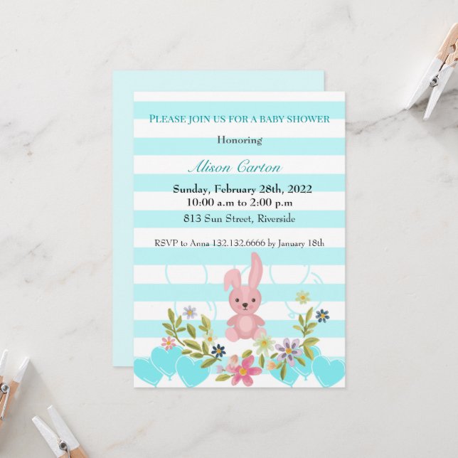 Baby Shower Bunny white och blue teal rand Inbjudningar (Fram/Back In Situ)