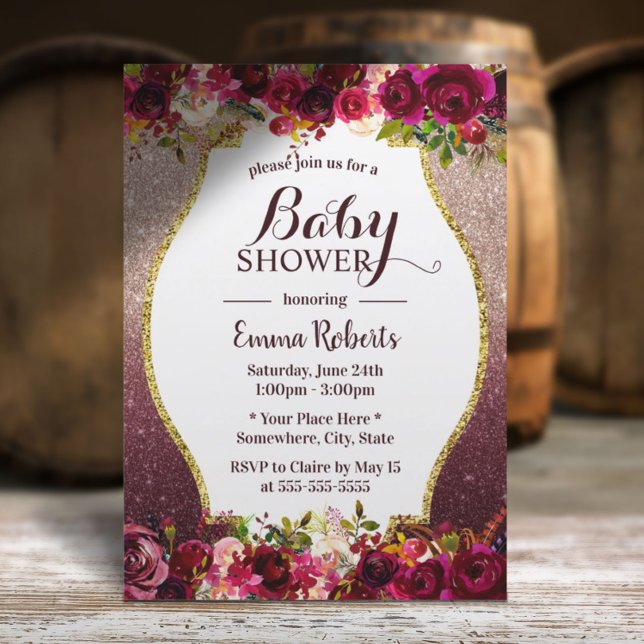 Baby Shower Burgundy Blommigt Modern Ro Guld Inbjudningar (Skapare uppladdad)