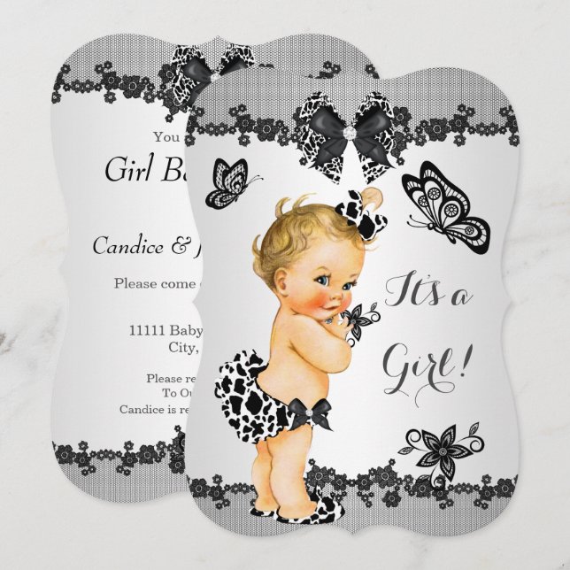 Baby Shower Butterfly Black White Blonde Inbjudningar (Fram/baksida)