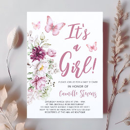 Baby Shower Butterfly Blommigt Rosa Girl Girl Girl Inbjudningar