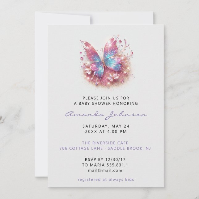 Baby Shower Butterfly Girl Rosa Blue Grått Inbjudningar (Framsida)