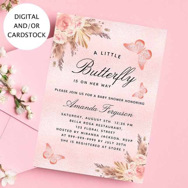 Baby Shower Butterfly Girl rosa pampas gräs Inbjudningar (Skapare uppladdad)