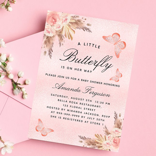 Baby Shower Butterfly Girl rosa pampas lyxur Inbjudningar (Skapare uppladdad)
