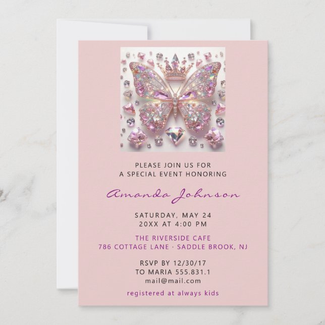 Baby Shower Butterfly Girl Sweet 16:e Rosa Royal Inbjudningar (Framsida)