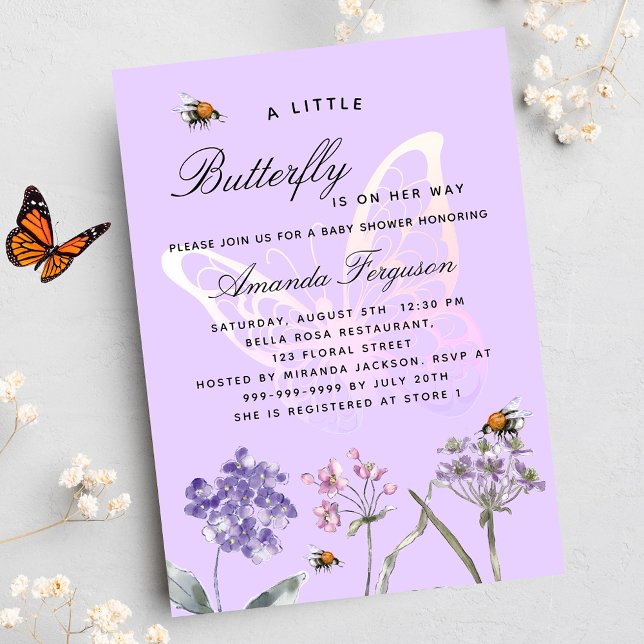 Baby Shower Butterfly wildblommes violett Inbjudan Vykort (Skapare uppladdad)