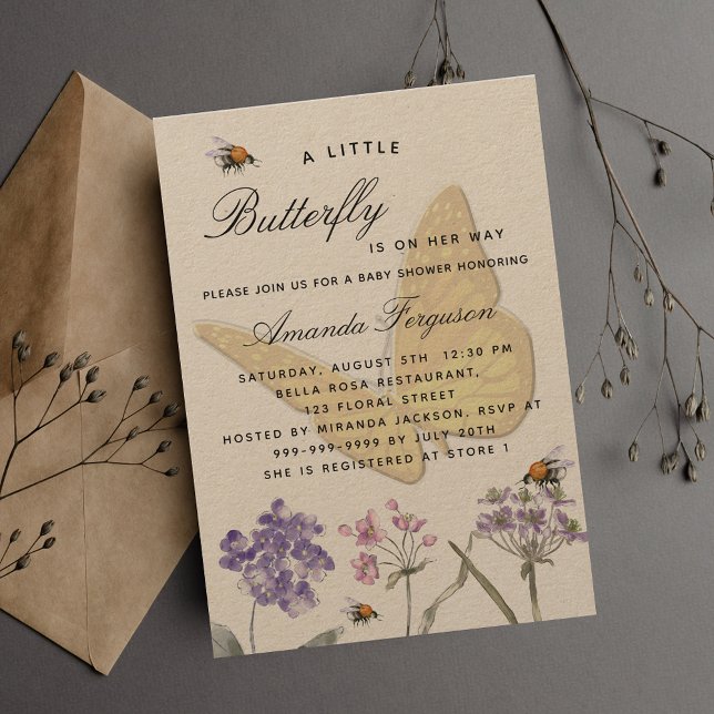Baby Shower Butterfly wildblommor violett rosa-fli Inbjudningar (Skapare uppladdad)