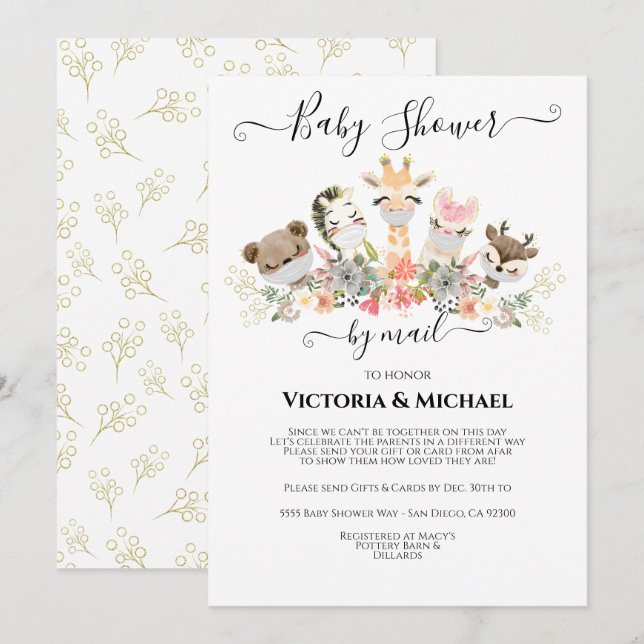 Baby Shower by mail baby djur with Masks Inbjudningar (Fram/baksida)