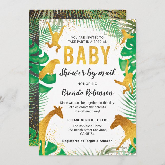 Baby Shower by Mail Boy Guld Jungle Animals Safari Inbjudningar (Fram/baksida)