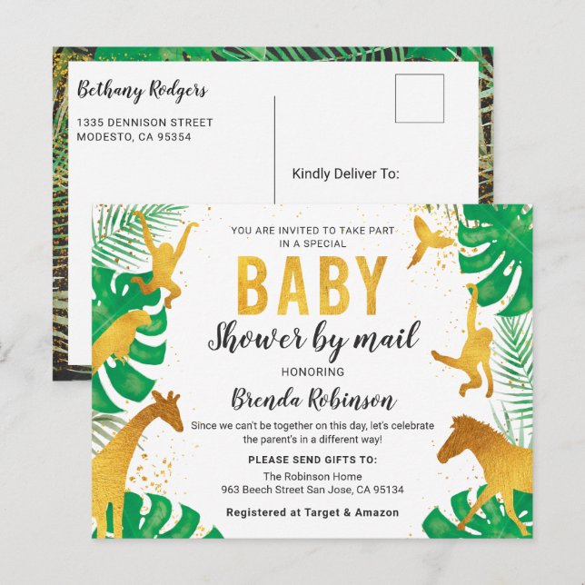 Baby Shower by Mail Boy Guld Jungle Animals Safari Vykort (Fram/baksida)