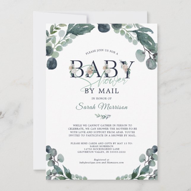 Baby Shower by Mail Eucalyptus Greenery Navy Blue Inbjudningar (Framsida)