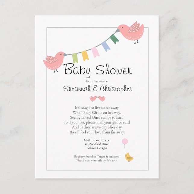 Baby Shower By Mail Girl Pink Birds Inbjudan Vykort (Framsida)