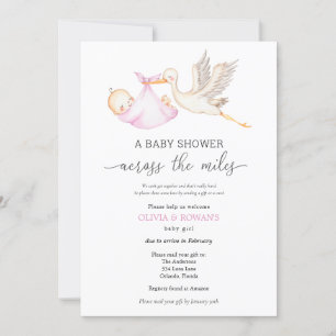 Baby Shower by Mail Rosa Girl Girl Girl Stork Inbjudningar