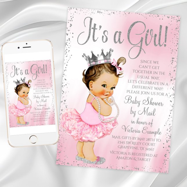 Baby Shower by Mail Rosa Princess Tutu Baby Shower Inbjudningar (Pink Silver Princess Baby Shower Invitation. Instant download printed available. Text can be changed)