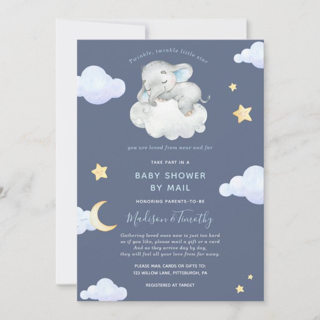Baby Shower by Mail Twinkle Little Star Elephant Inbjudningar (Framsida)