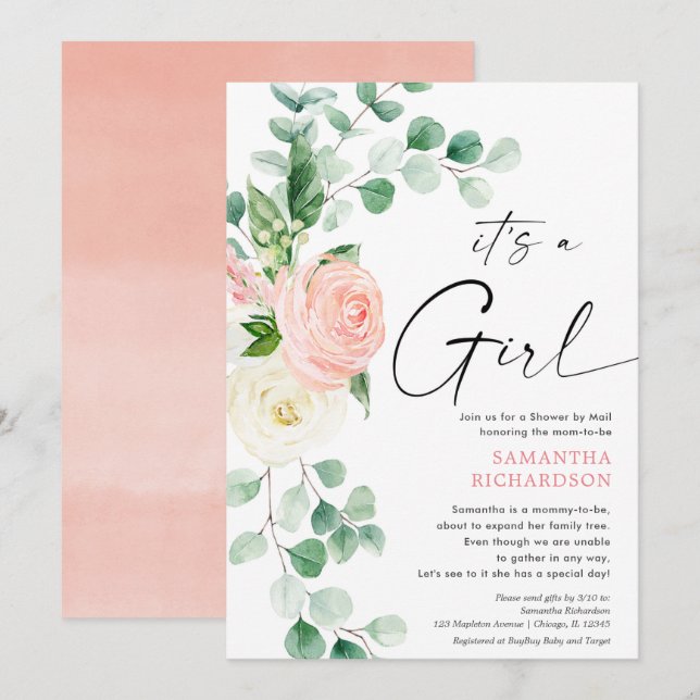 Baby Shower by Mail vår blommigt rosa Greenery Inbjudningar (Fram/baksida)