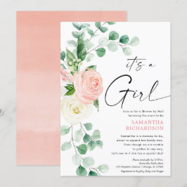 Baby Shower by Mail vår blommigt rosa Greenery Inbjudningar