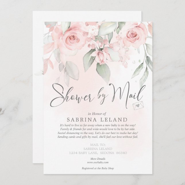 Baby Shower by Mail Vintage  Rosa ros Inbjudningar (Fram/baksida)