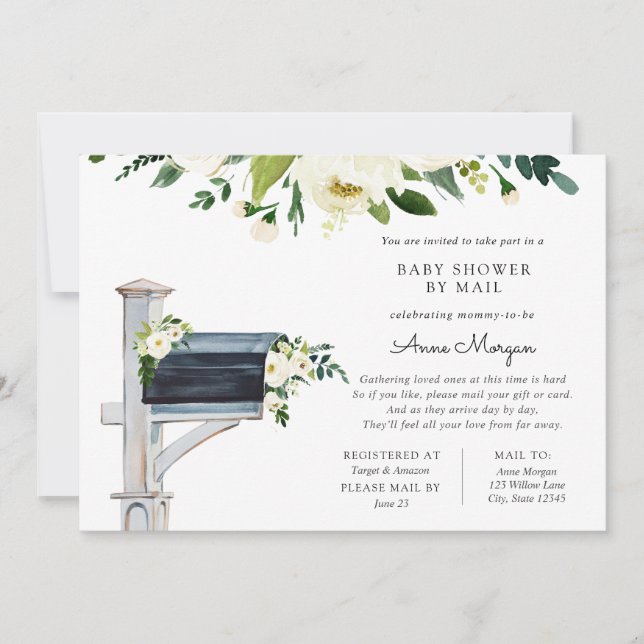Baby Shower by Mail White Flowers in Mailbox Inbjudningar (Framsida)