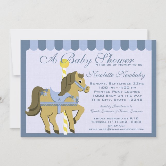Baby Shower Carousel Blue Inbjudningar (Framsida)