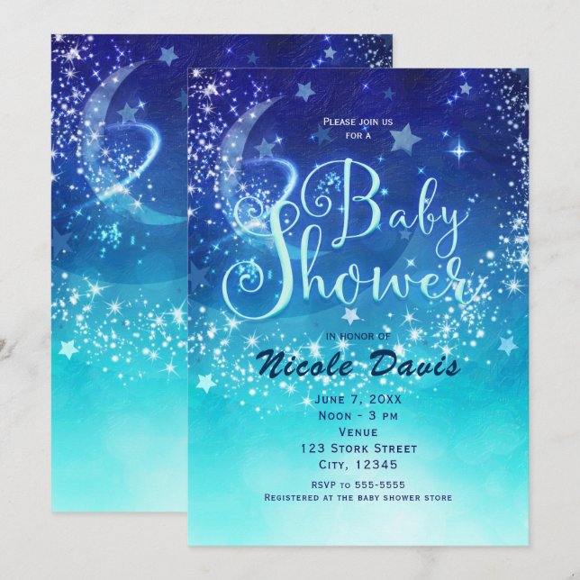 Baby Shower Celestial Moon Glitter Himlen Inbjudni Inbjudningar (Fram/baksida)