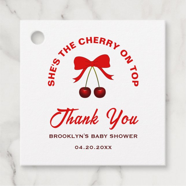 Baby Shower Cherry on Top Red Coquette Bow Girl Gåvor Etiketter (Framsida)