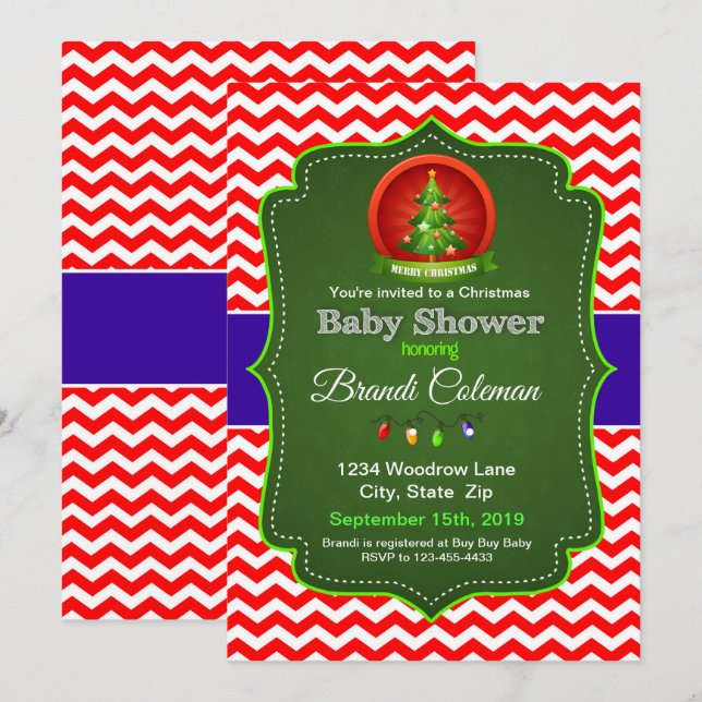 Baby Shower Chevron Red Blue & Grönt Inv Inbjudningar (Fram/baksida)