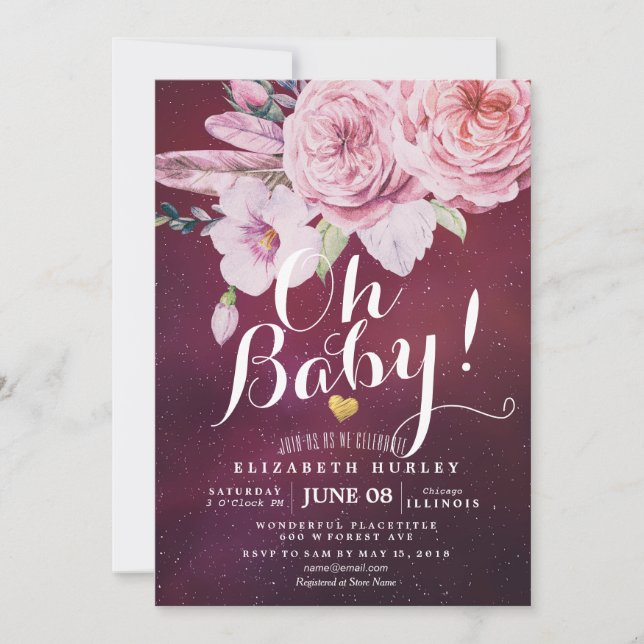 Baby Shower Chic Boho Blommigt Feathers Burgundy R Inbjudningar (Framsida)