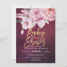 Baby Shower Chic Boho Blommigt Feathers Burgundy R Inbjudningar