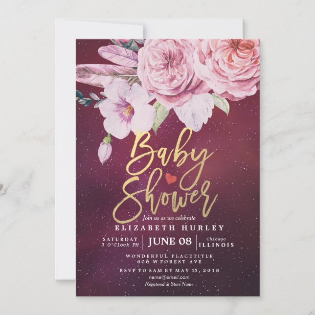 Baby Shower Chic Boho Blommigt Feathers Burgundy R Inbjudningar (Framsida)