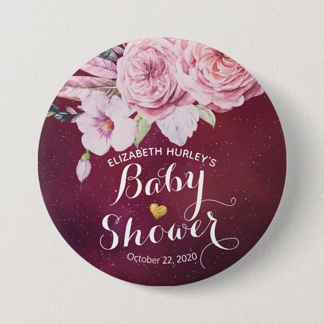 Baby Shower Chic Boho Blommigt Feathers Burgundy R Knapp (Framsida)