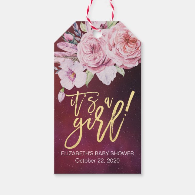 Baby Shower Chic Boho Blommigt Feathers Burgundy R Presentetikett (Framsidan)