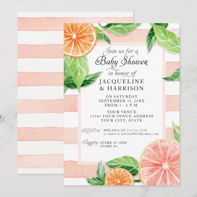 Baby Shower Citrus Rosa Grapefruit Watercolor Inbjudningar (Fram/baksida)
