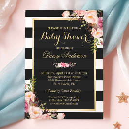 Baby Shower Classy Blommigt Guld Black White Rand Inbjudningar