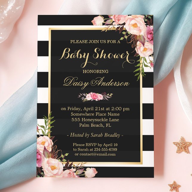 Baby Shower Classy Blommigt Guld Black White Rand Inbjudningar (Skapare uppladdad)