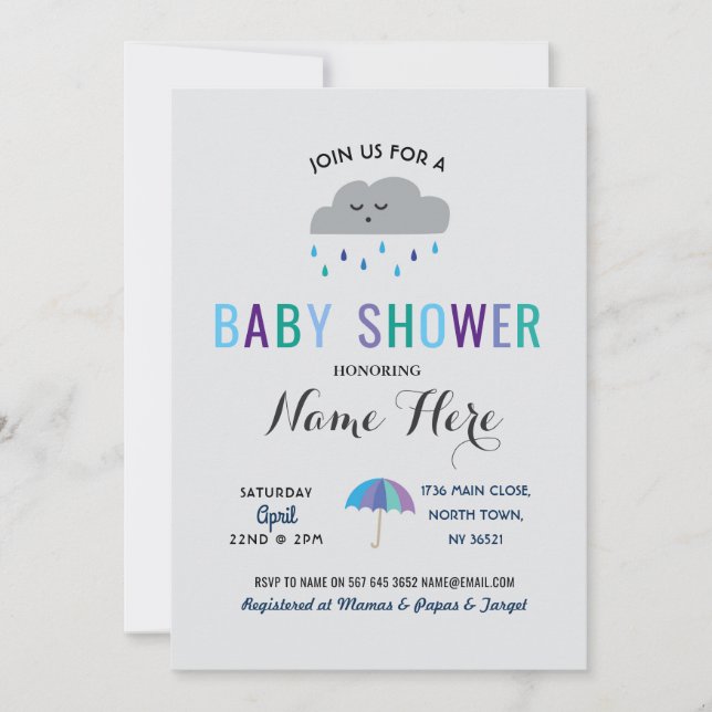 Baby Shower Cloud Sprinkle Rain Cute Umbrella Rain Inbjudningar (Framsida)