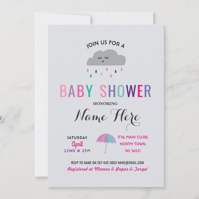 Baby Shower Cloud Sprinkle Rain Rosa Umbrella Girl Inbjudningar (Framsida)