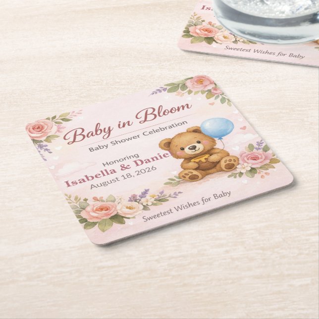 Baby Shower Coasters | Baby in Bloom Bear Underlägg Papper Kvadrat (Vinklad)