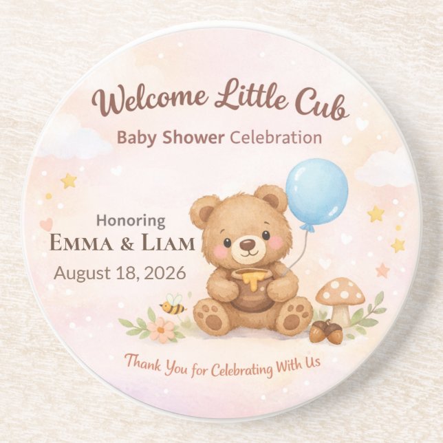 Baby Shower Coasters | Teddy Bear | Pastel Clouds Underlägg (Framsidan)