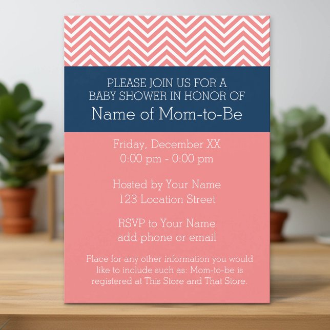 Baby Shower Collection - Coral and Navy Chevrons Inbjudningar (Custom Invitation with Download Option)