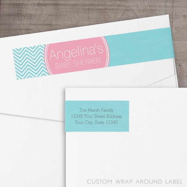 Baby Shower Collection - Rosa & Aqua Blue Chevrons Etikettband (Custom Return Address Label with a Wrap Around Feature)