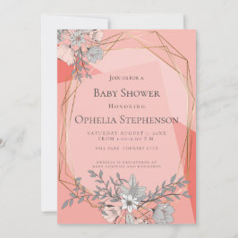 BABY SHOWER Coral Blommigt Geometric Guld Ram Inbjudningar