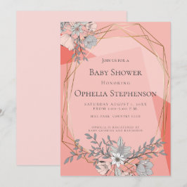 BABY SHOWER Coral Blommigt Geometric Guld Ram Inbjudningar